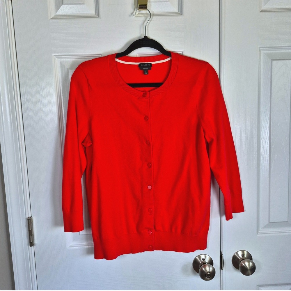 Talbots bright red button cardigan sweater 3/4 sleeve pima cotton womens large